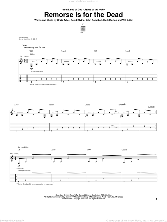 Remorse Is For The Dead sheet music for guitar (tablature) by Lamb Of God, Chris Adler, David Blythe, John Campbell, Mark Morton and Will Adler, intermediate skill level