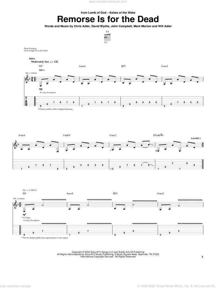 Remorse Is For The Dead sheet music for guitar (tablature) by Lamb Of God, Chris Adler, David Blythe, John Campbell, Mark Morton and Will Adler, intermediate skill level