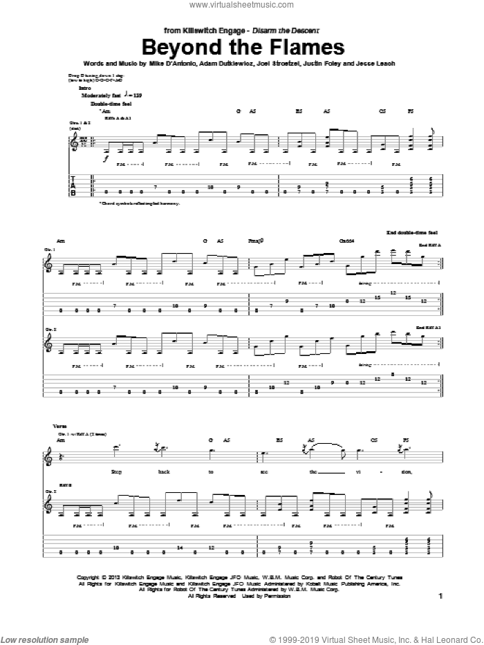 Beyond The Flames sheet music for guitar (tablature) by Killswitch Engage, intermediate skill level
