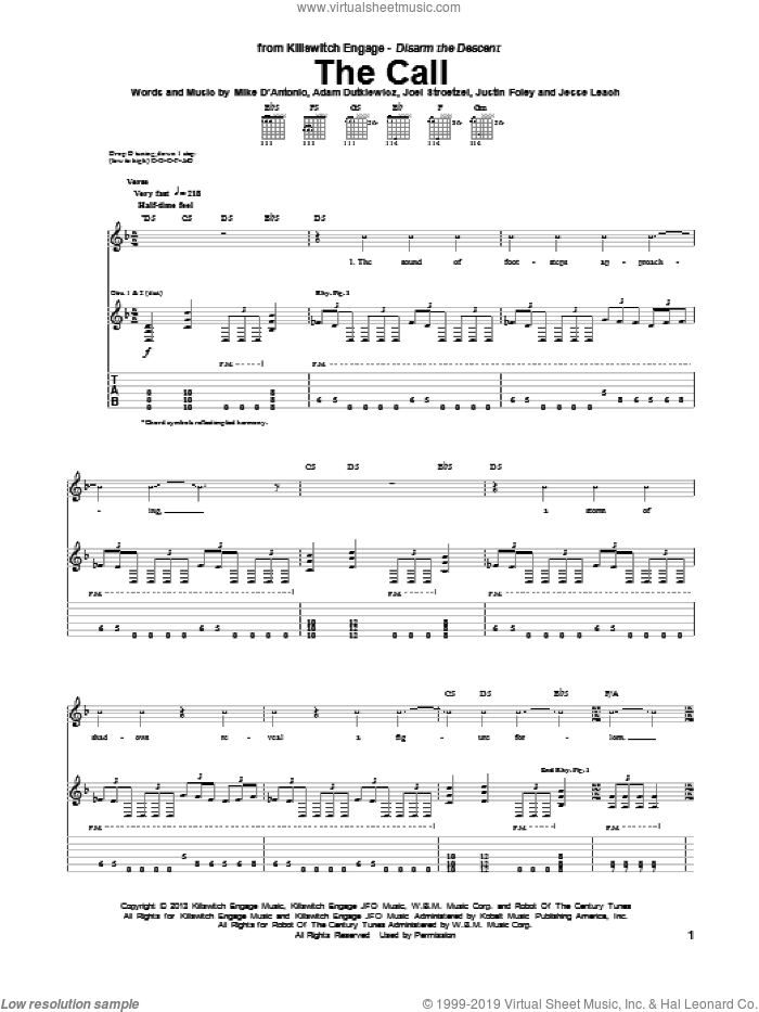 The Call sheet music for guitar (tablature) by Killswitch Engage, intermediate skill level