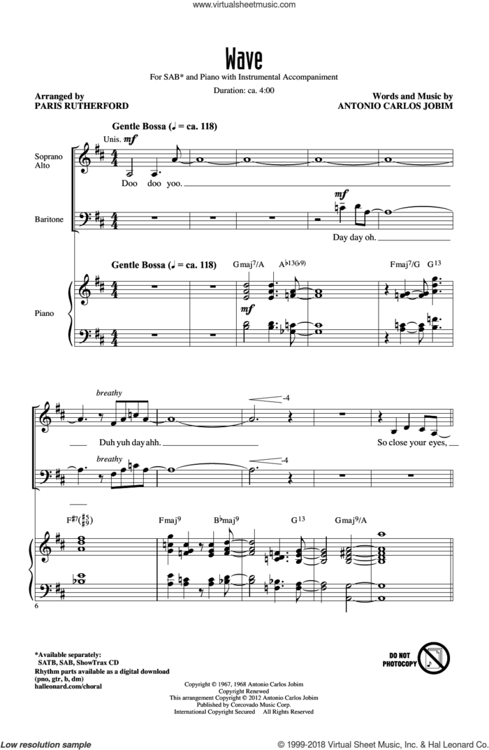 Wave sheet music for choir (SAB: soprano, alto, bass) by Antonio Carlos Jobim and Paris Rutherford, intermediate skill level