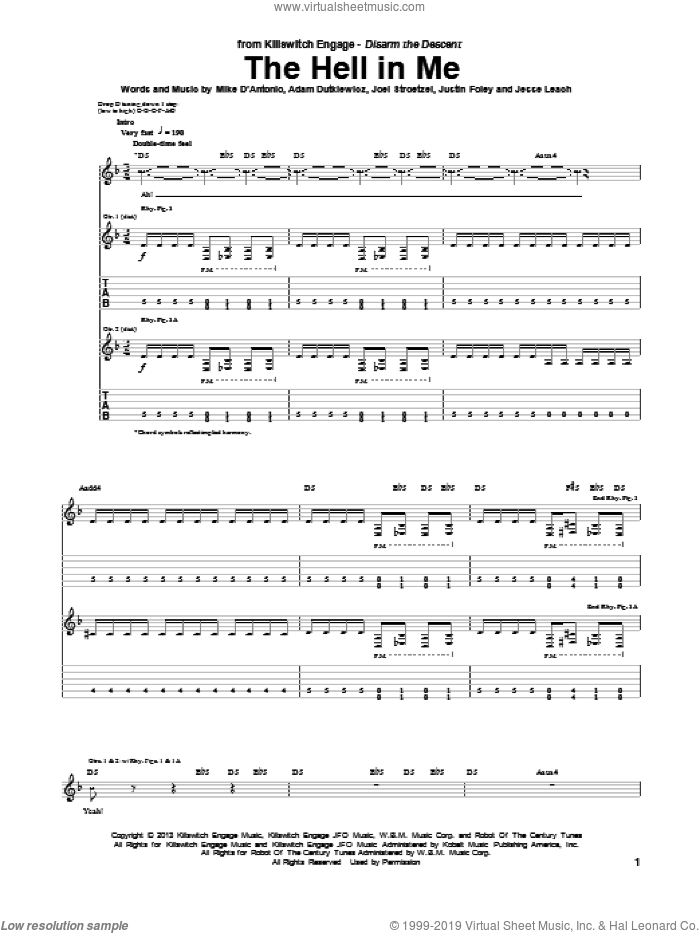 The Hell In Me sheet music for guitar (tablature) by Killswitch Engage, intermediate skill level