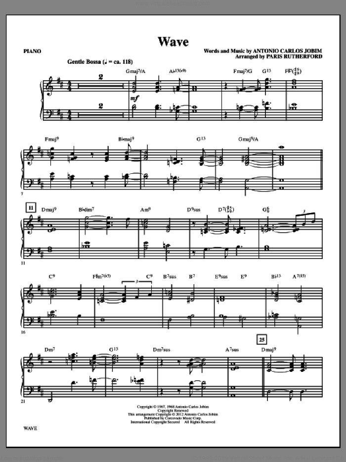 Wave (complete set of parts) sheet music for orchestra/band by Antonio Carlos Jobim and Paris Rutherford, intermediate skill level