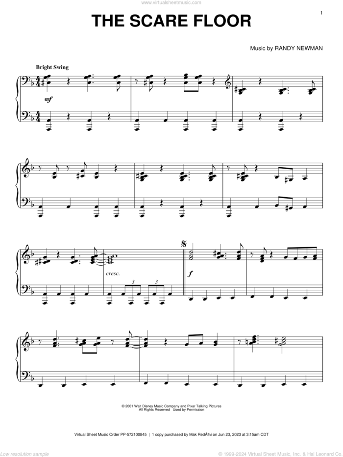 The Scare Floor sheet music for piano solo by Randy Newman, Monsters University (Movie) and Monsters, Inc. (Movie), intermediate skill level