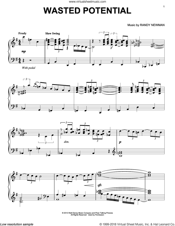 Wasted Potential sheet music for piano solo by Randy Newman, Monsters University (Movie) and Monsters, Inc. (Movie), intermediate skill level