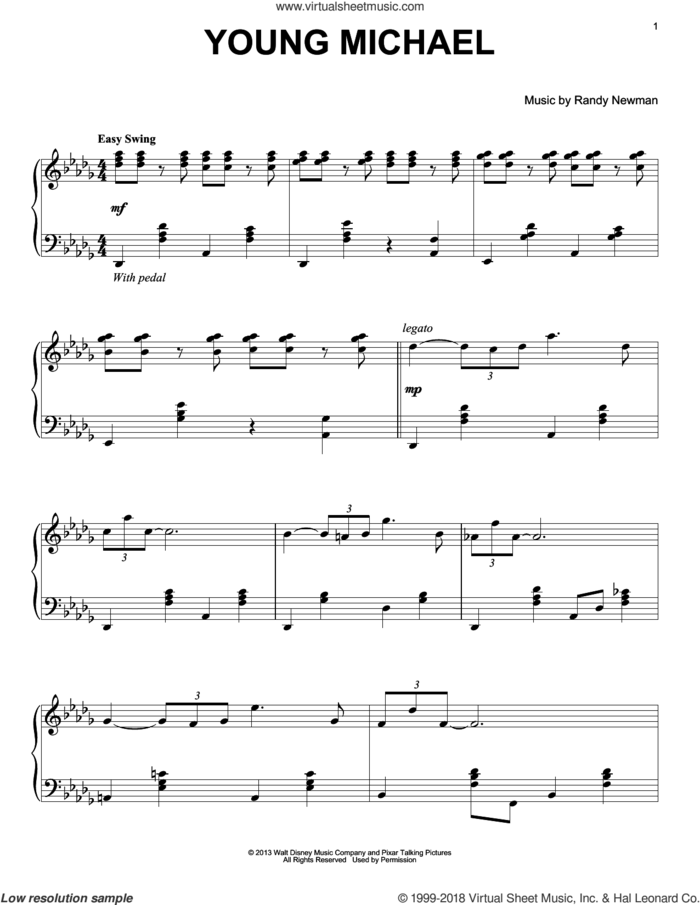 Young Michael sheet music for piano solo by Randy Newman, Monsters University (Movie) and Monsters, Inc. (Movie), intermediate skill level