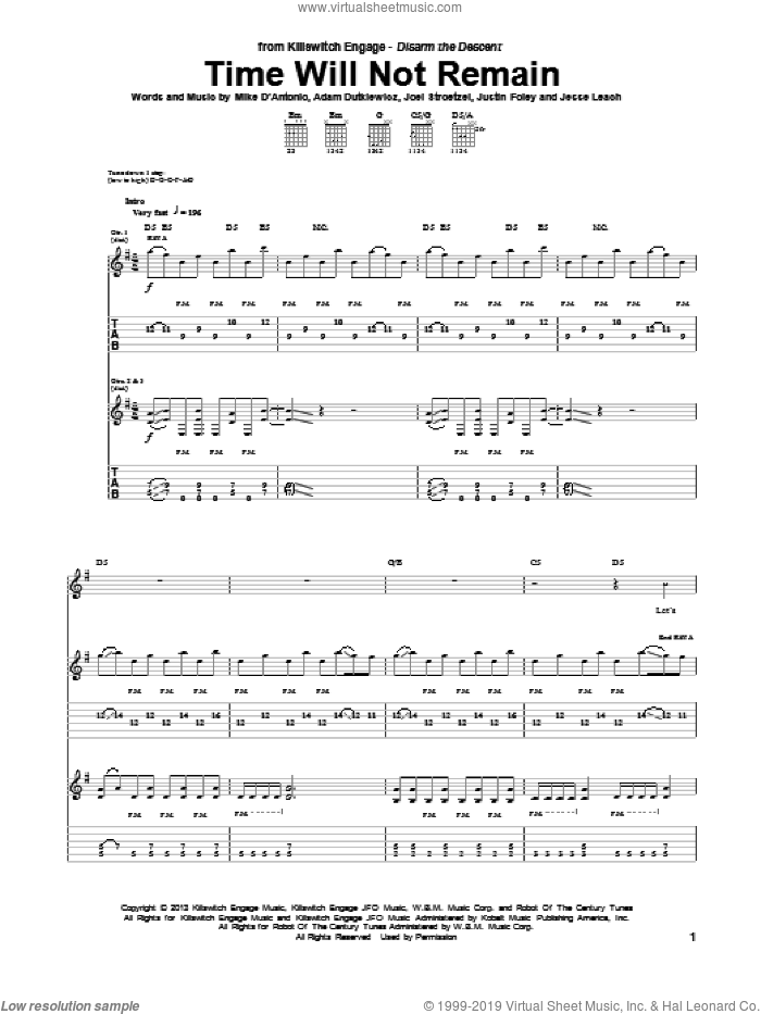 Time Will Not Remain sheet music for guitar (tablature) by Killswitch Engage, intermediate skill level
