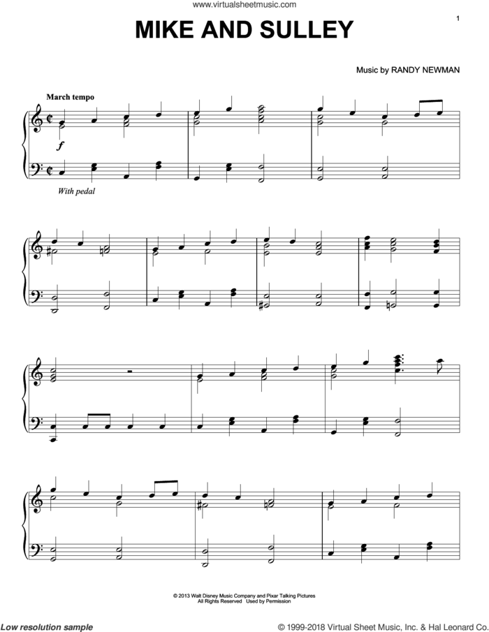 Mike And Sulley sheet music for piano solo by Randy Newman, Monsters University (Movie) and Monsters, Inc. (Movie), intermediate skill level