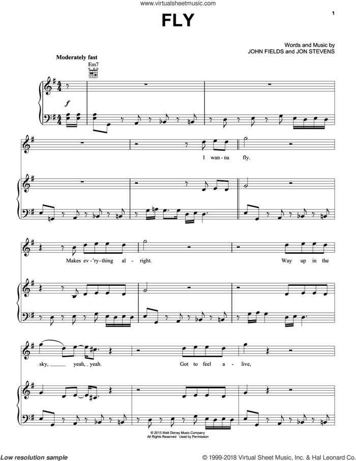 Fly sheet music for voice, piano or guitar by Mark Mancina, John Fields, Jon Stevens and Planes (Movie), intermediate skill level