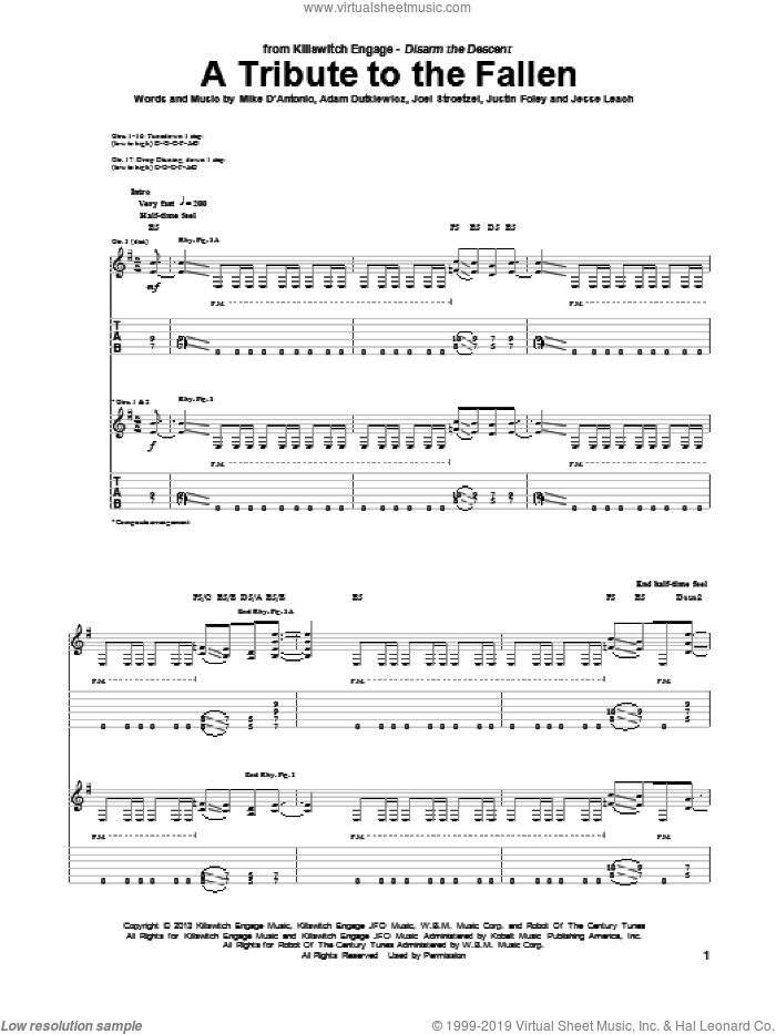 A Tribute To The Fallen sheet music for guitar (tablature) by Killswitch Engage, intermediate skill level