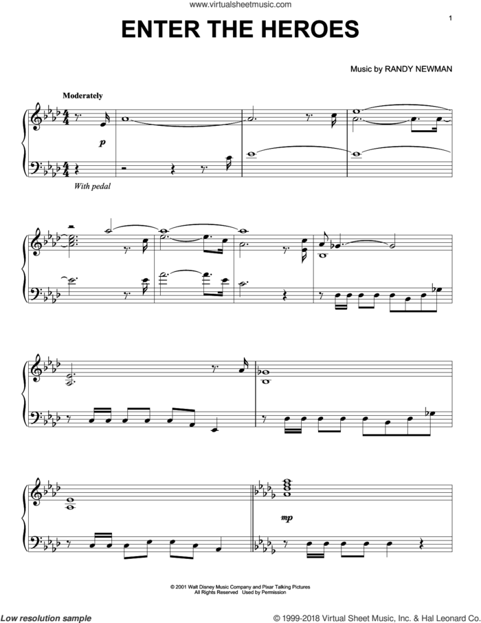 Enter The Heroes sheet music for piano solo by Randy Newman, Monsters University (Movie) and Monsters, Inc. (Movie), intermediate skill level