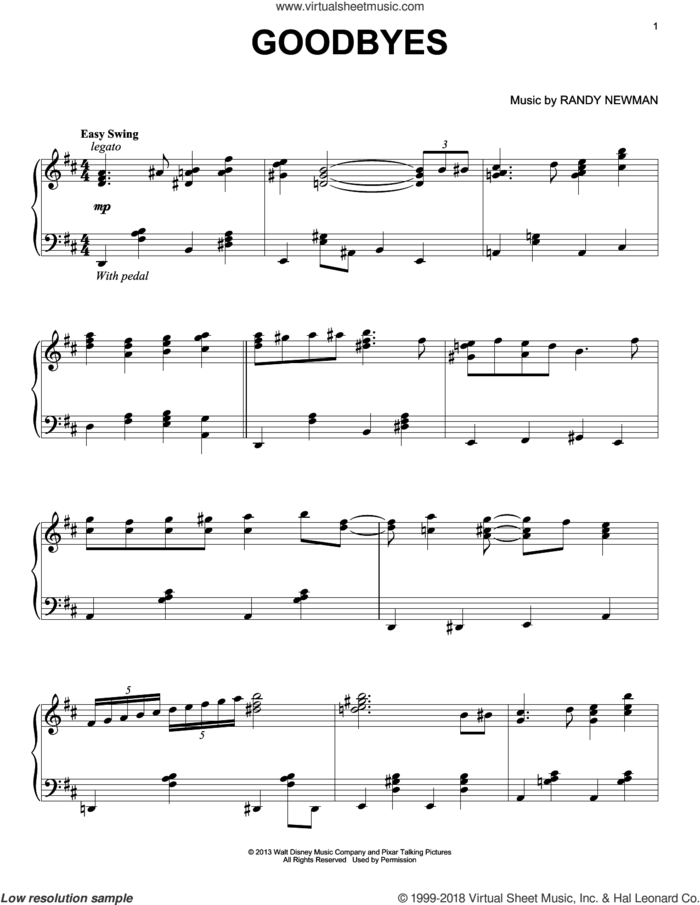 Goodbyes sheet music for piano solo by Randy Newman, Monsters University (Movie) and Monsters, Inc. (Movie), intermediate skill level