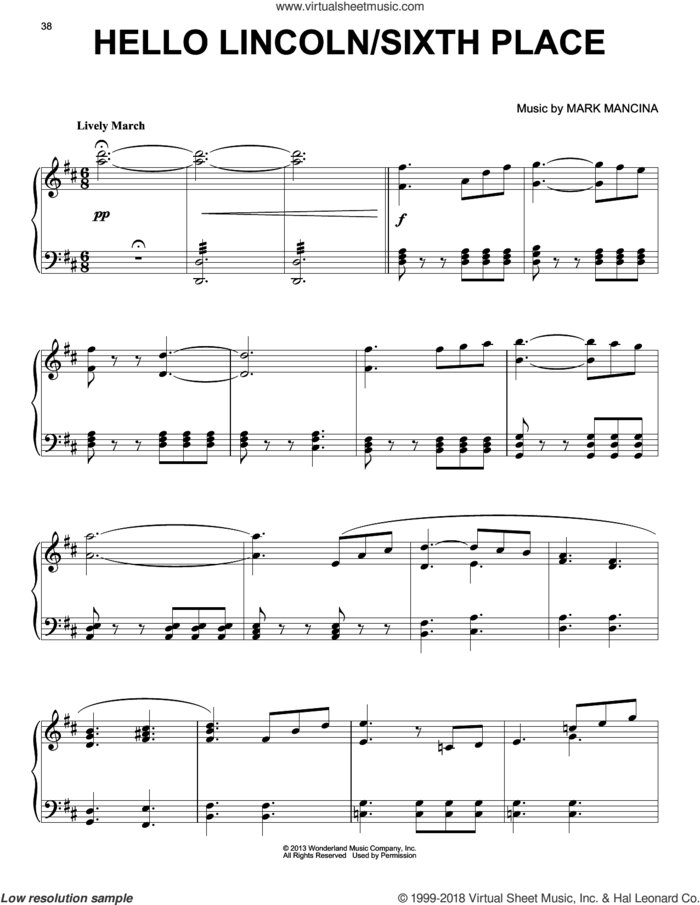 Hello Lincoln / Sixth Place sheet music for piano solo by Mark Mancina and Planes (Movie), intermediate skill level