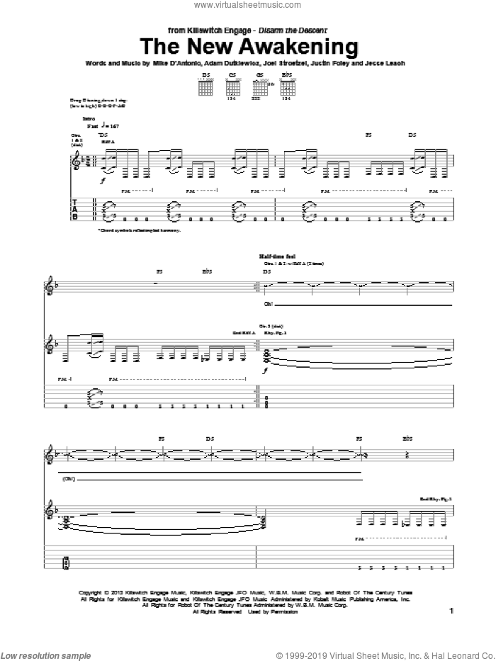 The New Awakening sheet music for guitar (tablature) by Killswitch Engage, intermediate skill level
