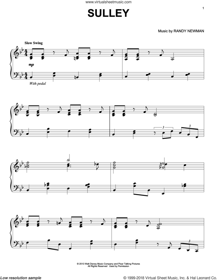 Sulley sheet music for piano solo by Randy Newman, Monsters University (Movie) and Monsters, Inc. (Movie), intermediate skill level