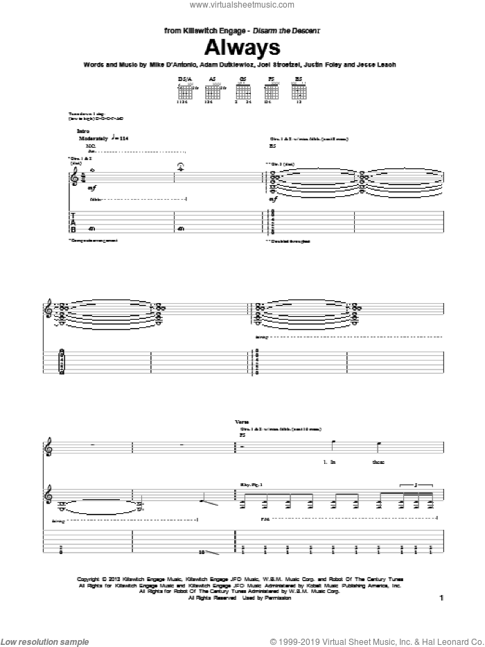 Always sheet music for guitar (tablature) by Killswitch Engage, intermediate skill level