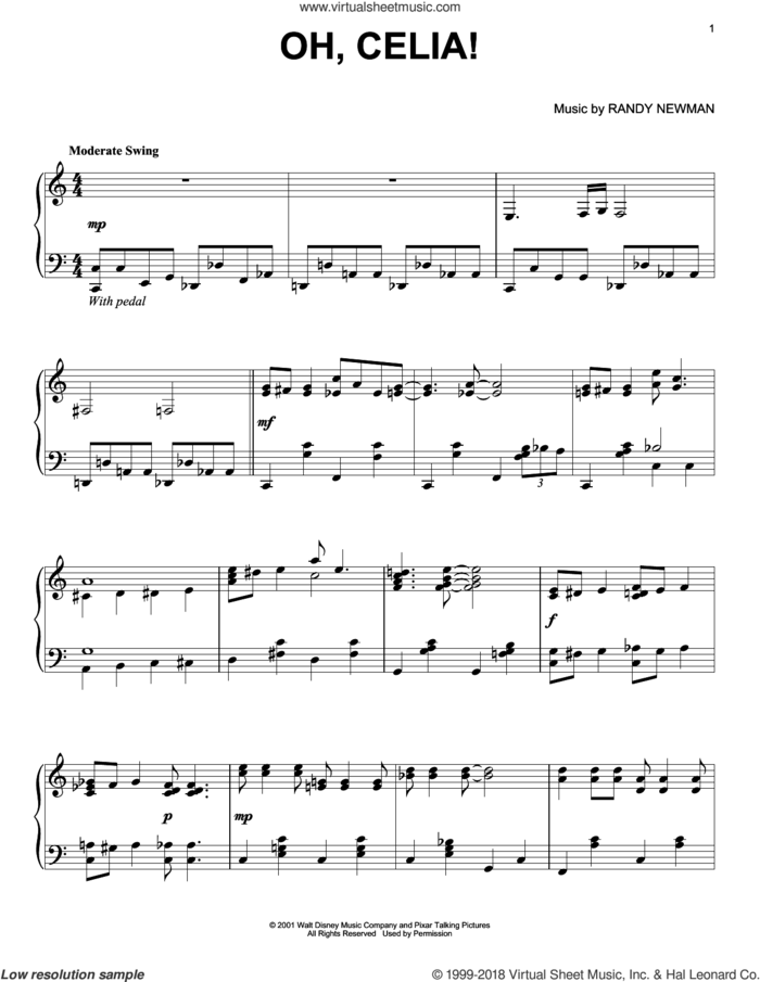 Oh, Celia! sheet music for piano solo by Randy Newman, Monsters University (Movie) and Monsters, Inc. (Movie), intermediate skill level