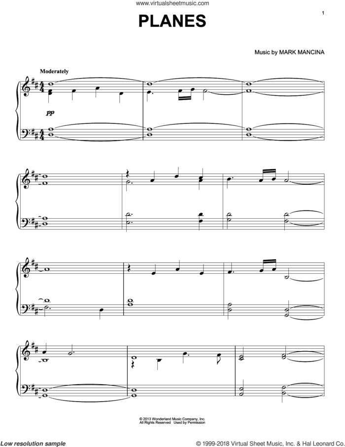 Planes sheet music for piano solo by Mark Mancina and Planes (Movie), intermediate skill level