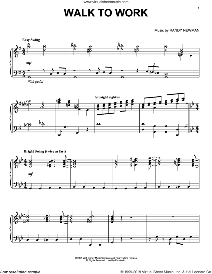 Walk To Work (from Monsters, Inc.) sheet music for piano solo by Randy Newman, Monsters University (Movie) and Monsters, Inc. (Movie), intermediate skill level