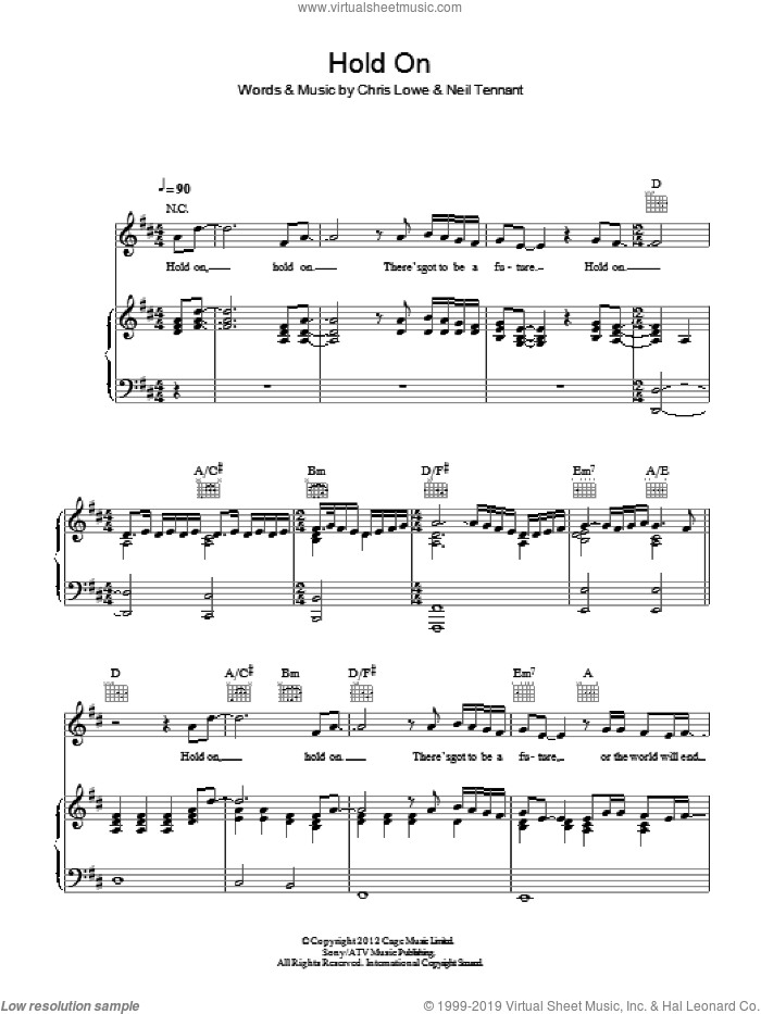Hold On sheet music for voice, piano or guitar by Pet Shop Boys, Chris Lowe and Neil Tennant, intermediate skill level