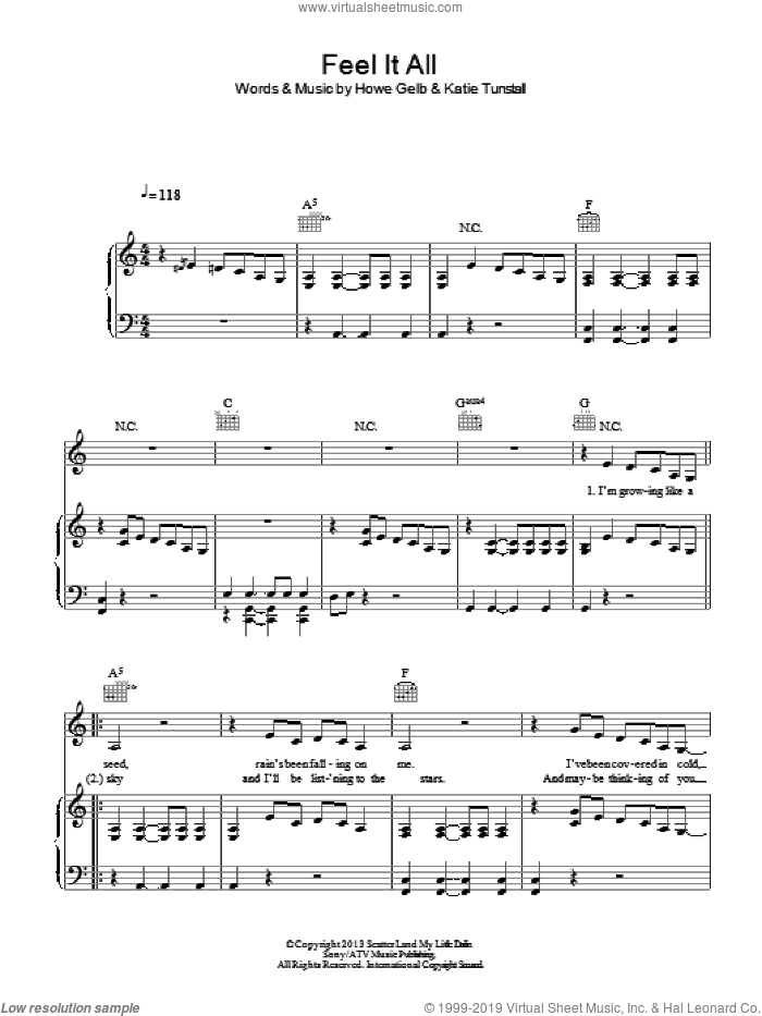 Feel It All sheet music for voice, piano or guitar by KT Tunstall, intermediate skill level