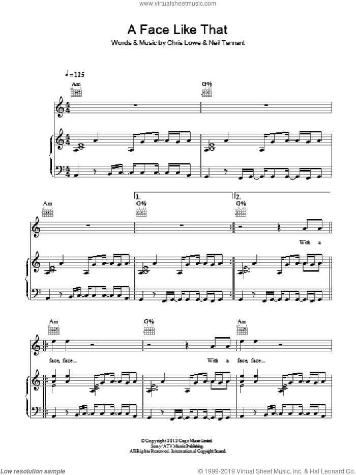 A Face Like That sheet music for voice, piano or guitar by Pet Shop Boys, Chris Lowe and Neil Tennant, intermediate skill level