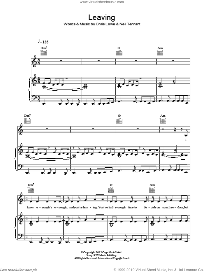 Leaving sheet music for voice, piano or guitar by Pet Shop Boys, Chris Lowe and Neil Tennant, intermediate skill level