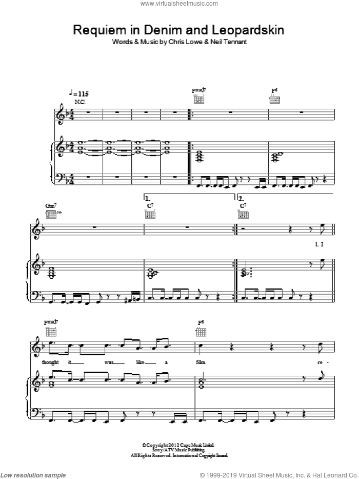 Requiem In Denim And Leopardskin sheet music for voice, piano or guitar by Pet Shop Boys, Chris Lowe and Neil Tennant, intermediate skill level