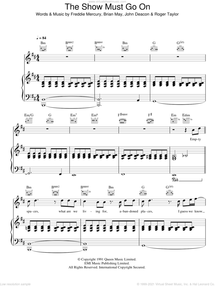 The Show Must Go On sheet music for voice, piano or guitar by Queen, Brian May, Freddie Mercury, John Deacon and Roger Taylor, intermediate skill level