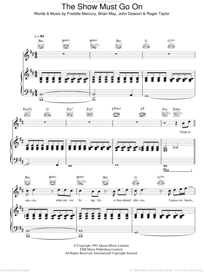 The Show Must Go On sheet music for voice, piano or guitar by Queen, Brian May, Freddie Mercury, John Deacon and Roger Taylor, intermediate skill level