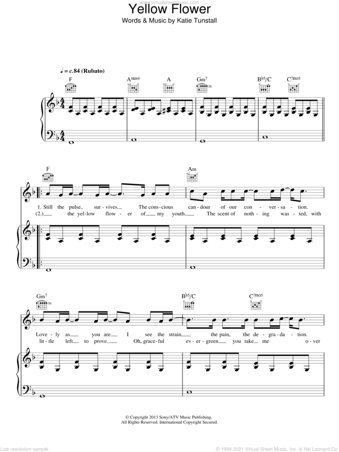 Yellow Flower sheet music for voice, piano or guitar by KT Tunstall, intermediate skill level