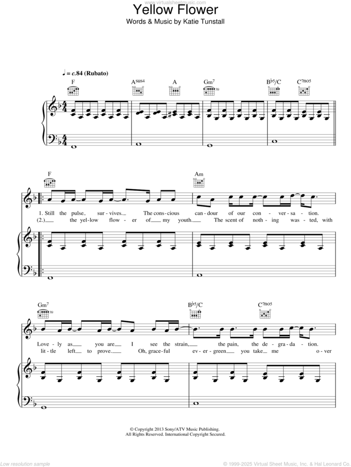 Yellow Flower sheet music for voice, piano or guitar by KT Tunstall, intermediate skill level