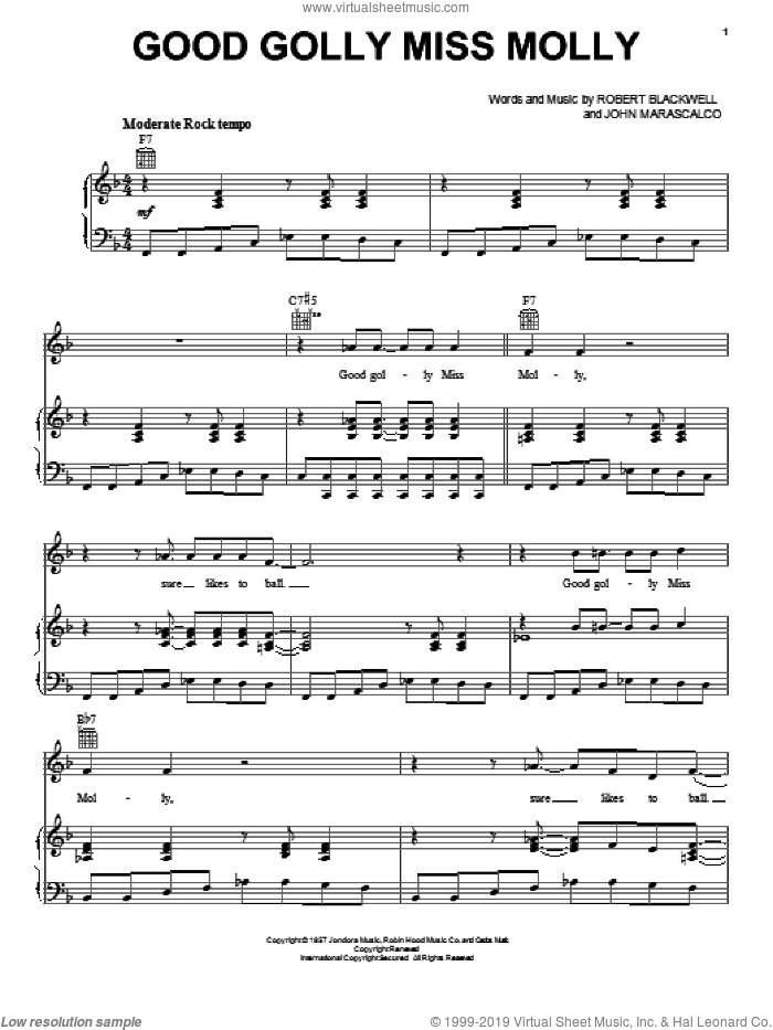 Good Golly Miss Molly sheet music for voice, piano or guitar by Little Richard, John Marascalco and Robert Blackwell, intermediate skill level