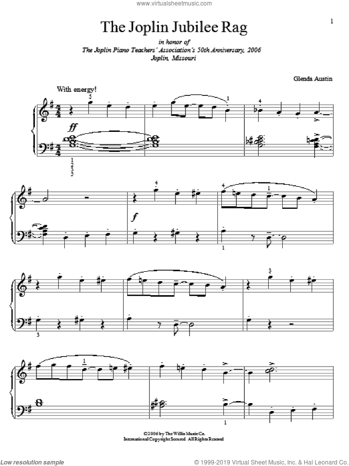 The Joplin Jubilee Rag sheet music for piano solo (elementary) by Glenda Austin, beginner piano (elementary)