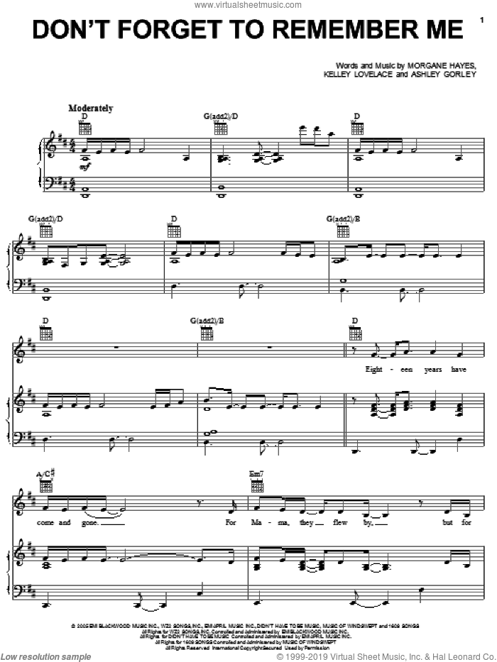 Don't Forget To Remember Me sheet music for voice, piano or guitar by Carrie Underwood, American Idol, Ashely Gorley, Kelley Lovelace and Morgane Hayes, intermediate skill level