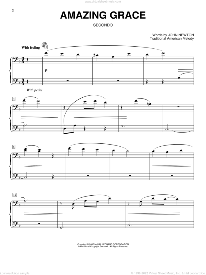 Amazing Grace sheet music for piano four hands by John Newton, Edwin O. Excell and Miscellaneous, wedding score, intermediate skill level