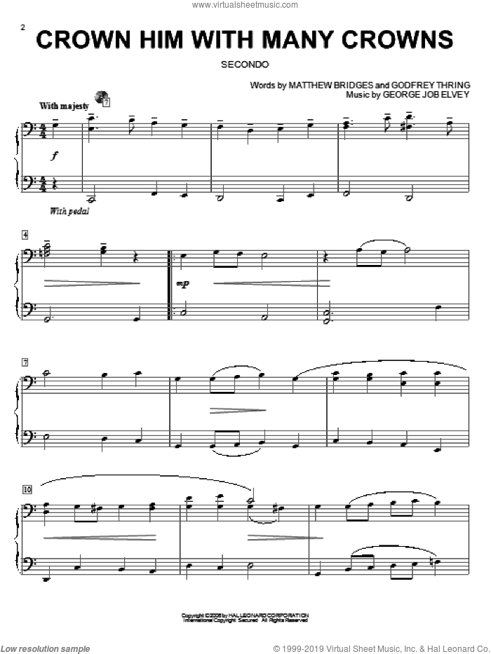Crown Him With Many Crowns sheet music for piano four hands by Matthew Bridges, George Job Elvey and Godfrey Thring, intermediate skill level
