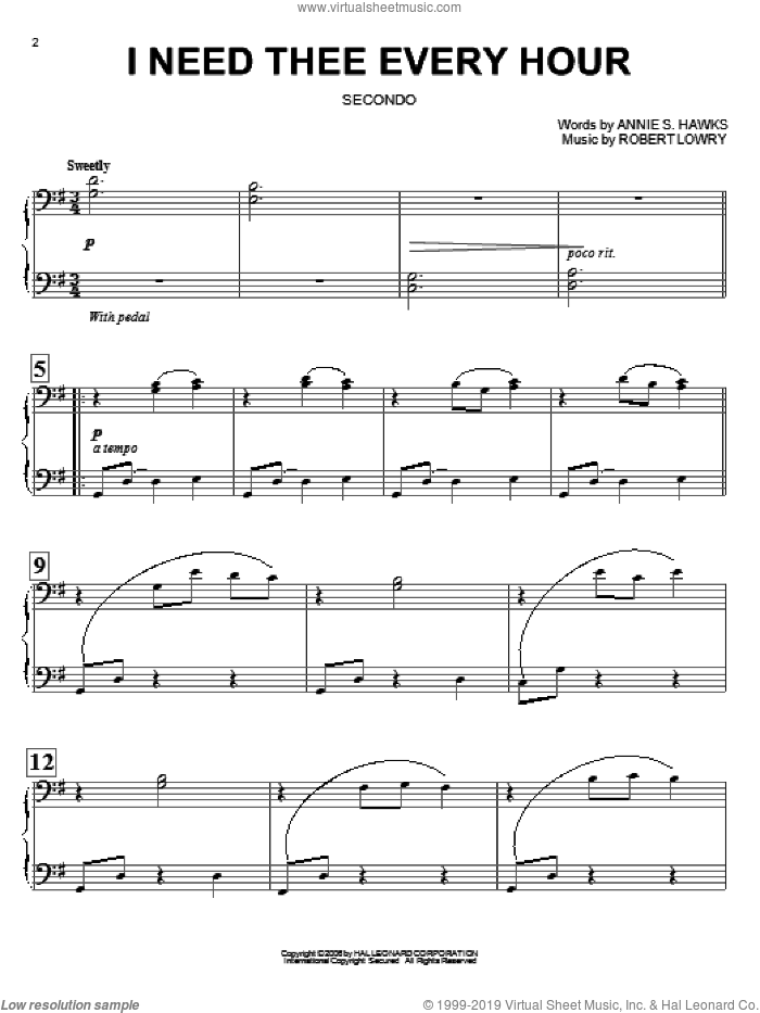 I Need Thee Every Hour sheet music for piano four hands by Annie S. Hawks and Robert Lowry, intermediate skill level