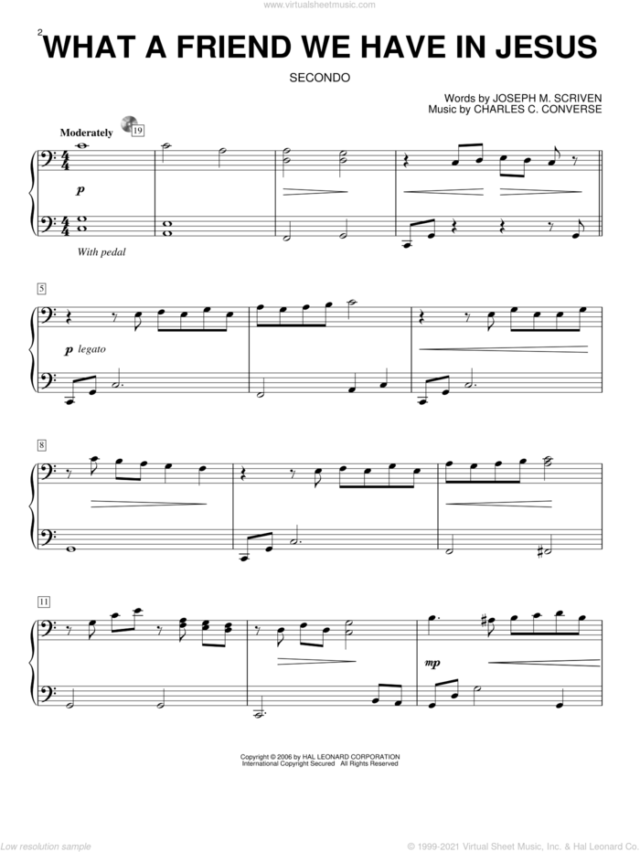 What A Friend We Have In Jesus sheet music for piano four hands by Joseph M. Scriven and Charles C. Converse, intermediate skill level