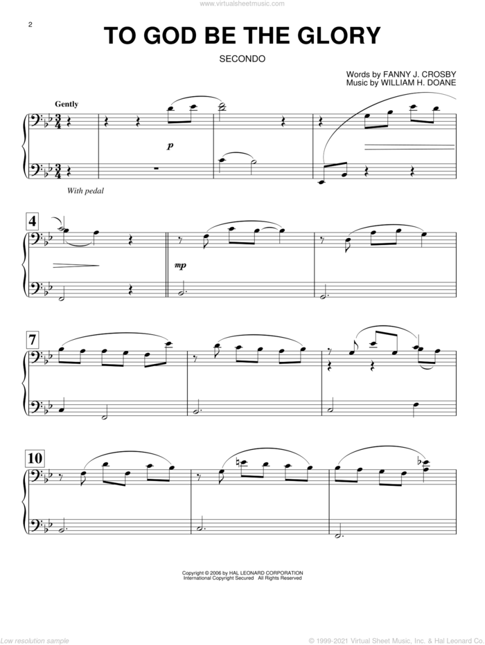 To God Be The Glory sheet music for piano four hands by Fanny J. Crosby and William H. Doane, intermediate skill level
