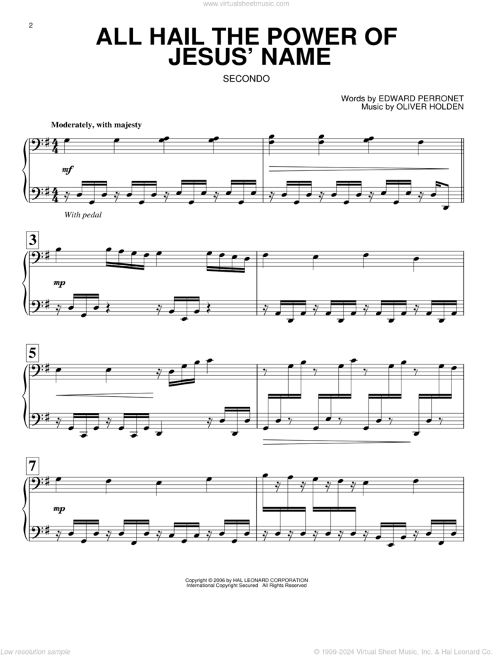 All Hail The Power Of Jesus' Name sheet music for piano four hands by Edward Perronet, John Rippon and Oliver Holden, intermediate skill level