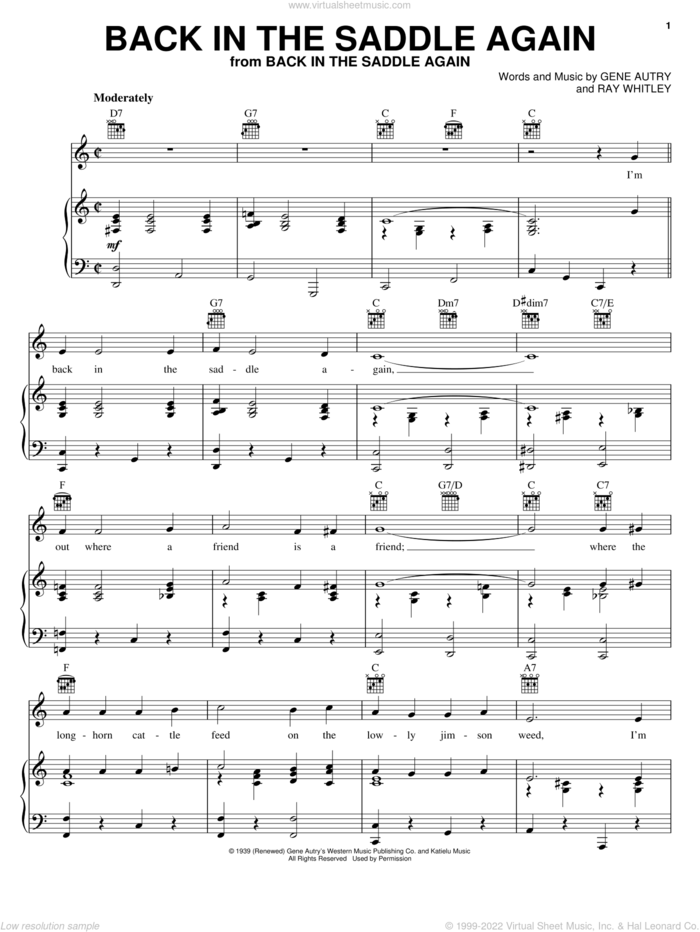 Back In The Saddle Again sheet music for voice, piano or guitar by Gene Autry and Ray Whitley, intermediate skill level
