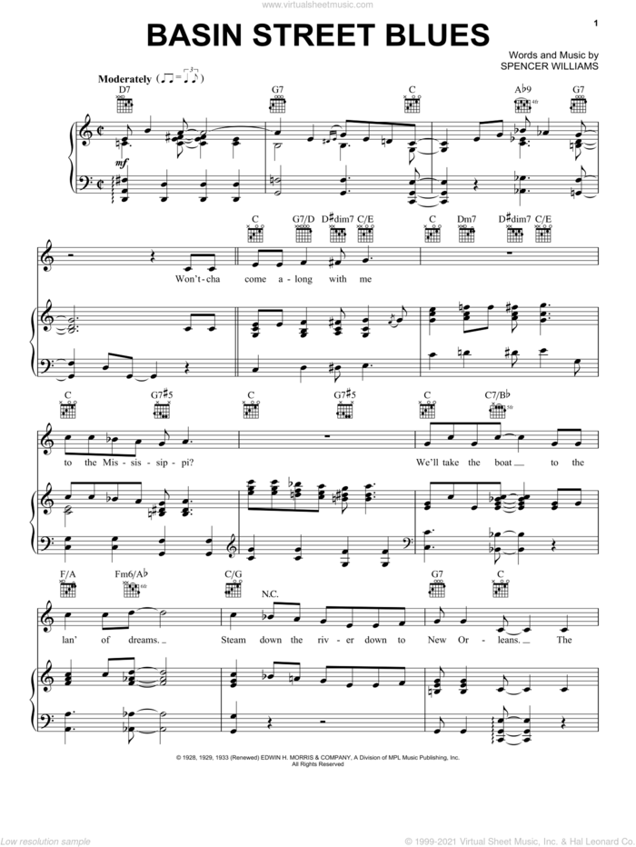 Basin Street Blues sheet music for voice, piano or guitar by Louis Armstrong and Spencer Williams, intermediate skill level