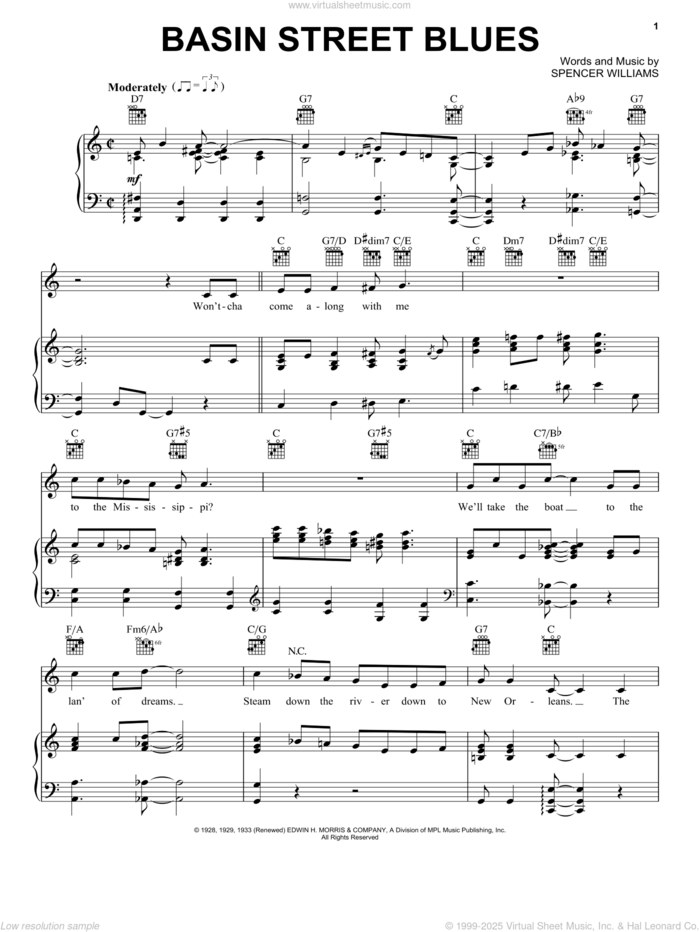 Basin Street Blues sheet music for voice, piano or guitar by Louis Armstrong and Spencer Williams, intermediate skill level