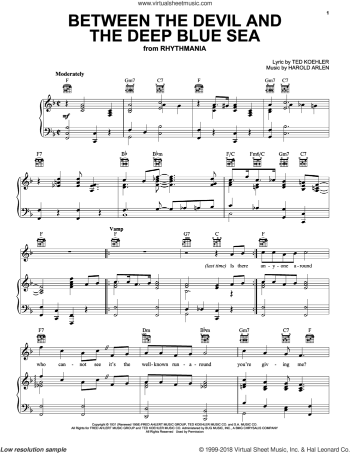 Between The Devil And The Deep Blue Sea sheet music for voice, piano or guitar by Louis Armstrong, Andre Previn, Frank Sinatra, Mel Torme, Harold Arlen and Ted Koehler, intermediate skill level