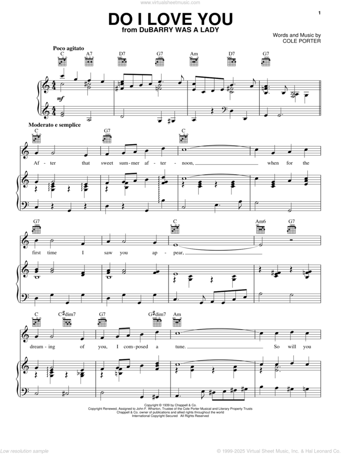 Do I Love You sheet music for voice, piano or guitar by Cole Porter, wedding score, intermediate skill level