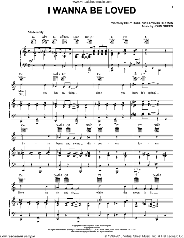 I Wanna Be Loved sheet music for voice, piano or guitar by Dinah Washington, The Andrews Sisters, Billy Rose, Edward Heyman and Johnny Green, intermediate skill level