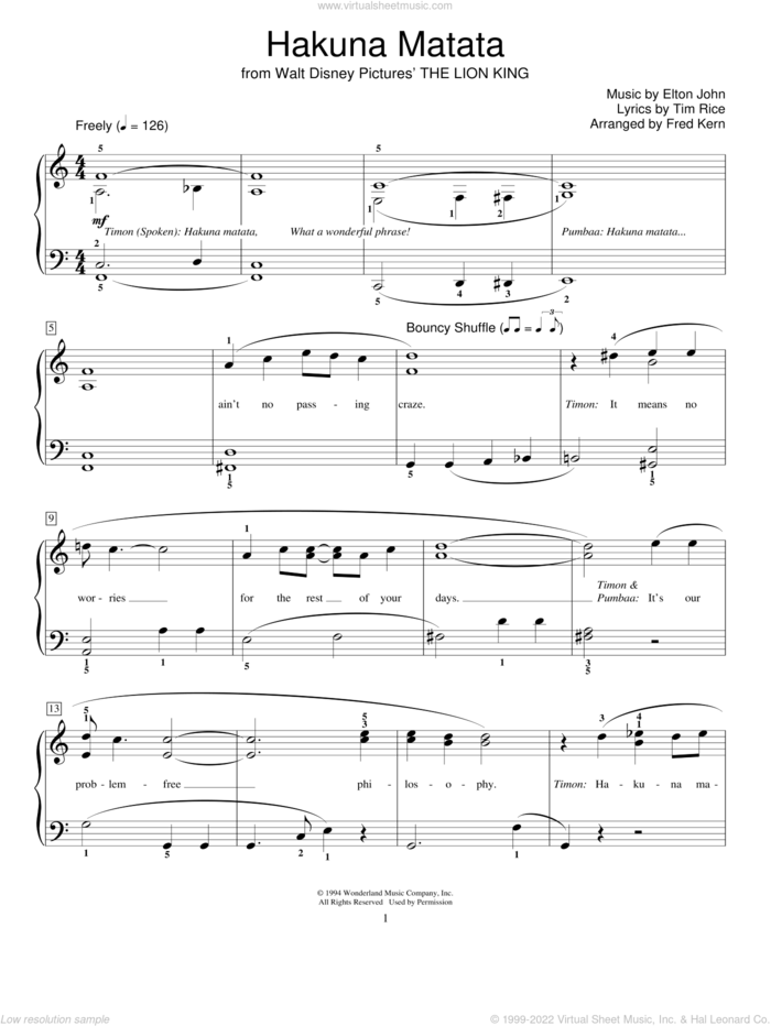 Hakuna Matata (from The Lion King) (arr. Fred Kern) sheet music for piano solo (elementary) by Elton John, Fred Kern, Miscellaneous, The Lion King and Tim Rice, beginner piano (elementary)