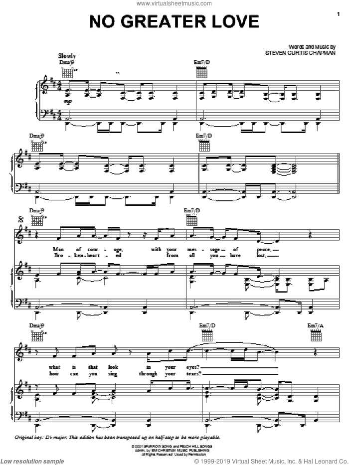 No Greater Love sheet music for voice, piano or guitar by Steven Curtis Chapman, intermediate skill level