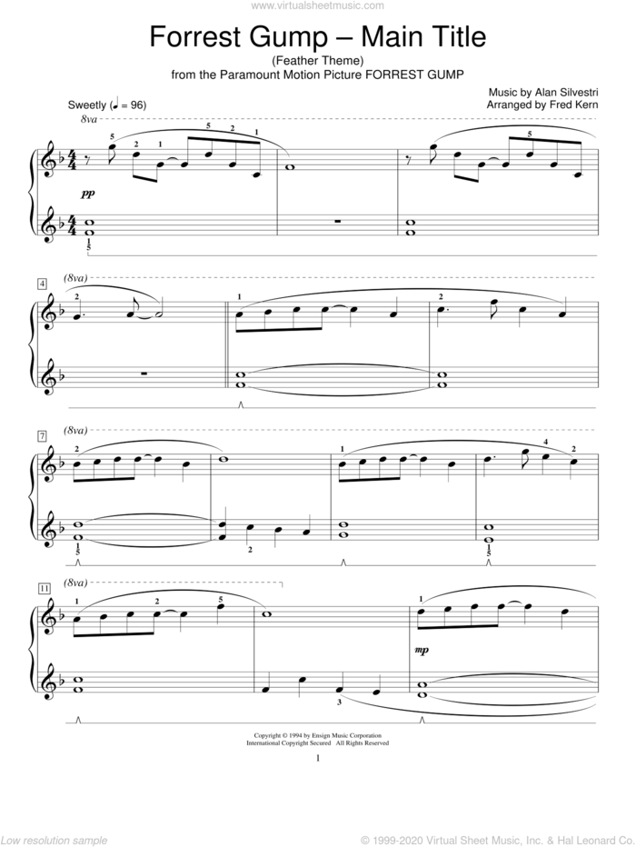 Forrest Gump - Main Title (Feather Theme) (arr. Fred Kern) sheet music for piano solo (elementary) by Alan Silvestri, Fred Kern, Forrest Gump (Movie) and Miscellaneous, beginner piano (elementary)
